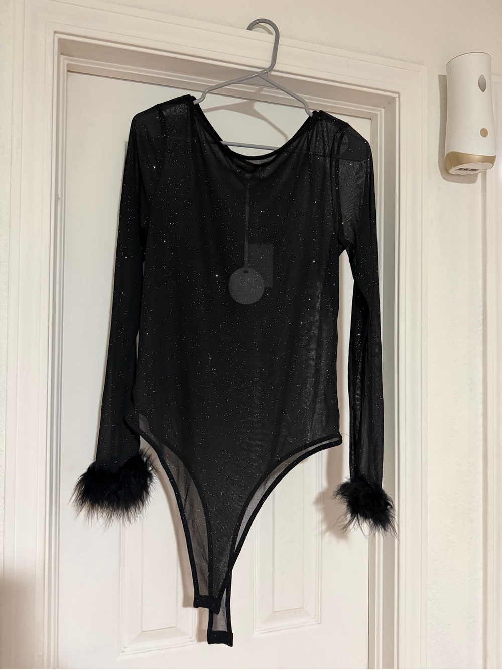 REVOLVE: MORE TO COME Black Sheer Glitter Long Sleeve Bodysuit Faux Fur Cuffs